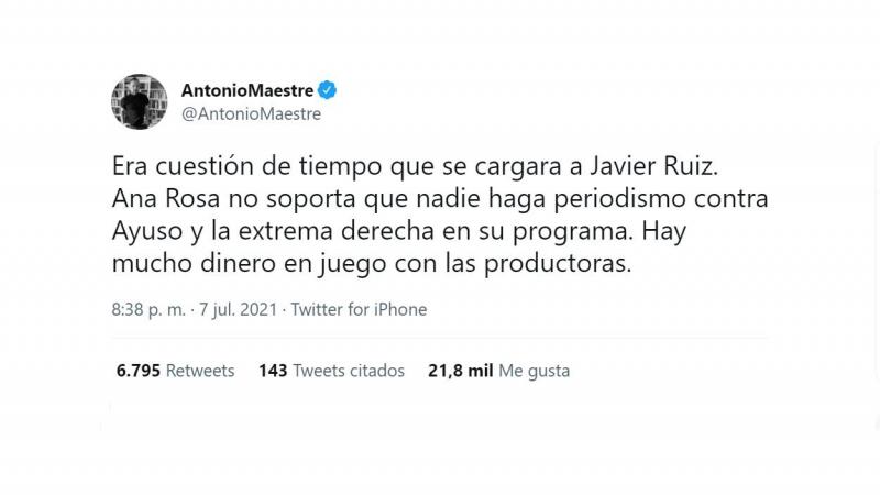 Antonio Maestre sobre el despido de Javier Ruiz en 'El programa de Ana Rosa'. Twitter