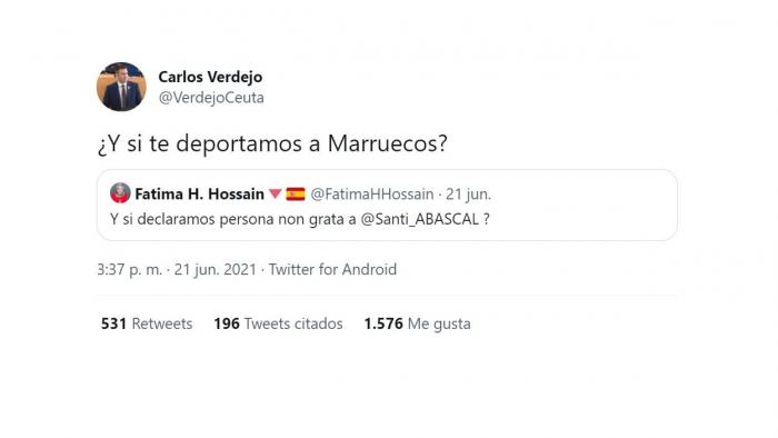 'Tuit' xenófobo de Carlos Verdejo, portavoz de Vox, contra Fátima Hossain. Twitter 'Tuit' xenófobo de Carlos Verdejo, portavoz de Vox, contra Fátima Hossain. Twitter