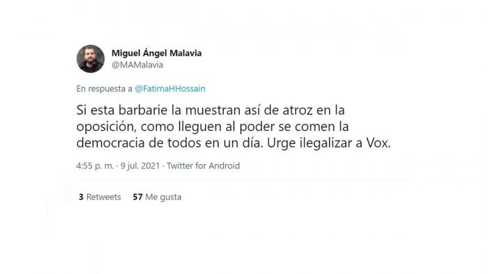 Mensaje de un 'tuitero' en defensa de Hossain. Twitter Mensaje de un 'tuitero' en defensa de Hossain. Twitter