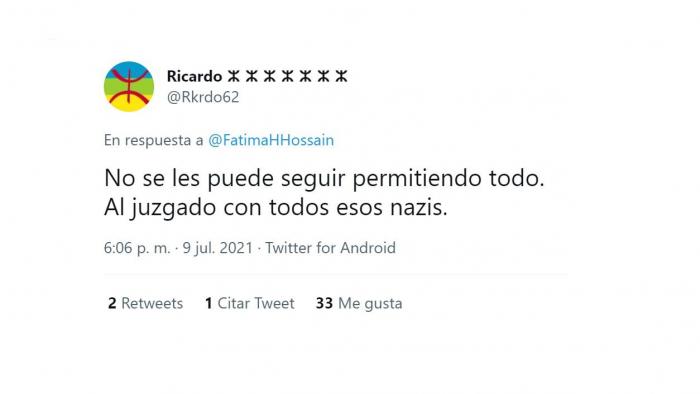 Mensaje de un usuario en defensa de los ataques racistas a Hossain. Twitter. Mensaje de un usuario en defensa de los ataques racistas a Hossain. Twitter.