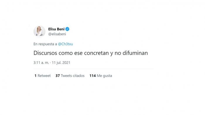 Mensaje de Elisa Beni defendiendo sus palabras sobre el crimen de Samuel. Twitter