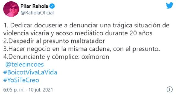 Tuit de Pilar Rahola criticando la entrevista a Antonio David