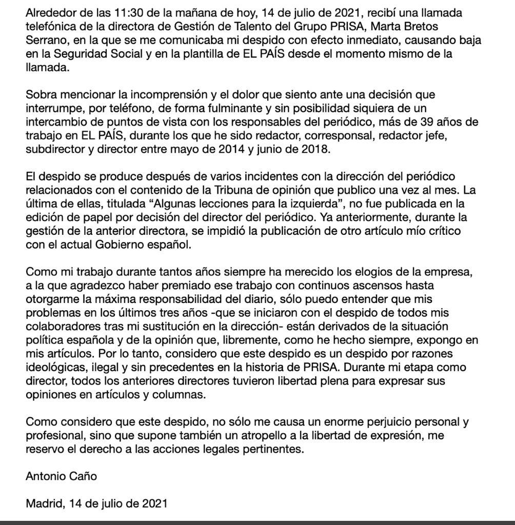 Carta de Antonio Caño tras su despido de 'El País'. Carta de Antonio Caño tras su despido de 'El País'.