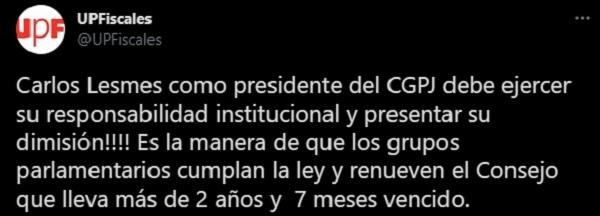 Tuit de la Unión Progresista de Fiscales Tuit de la Unión Progresista de Fiscales