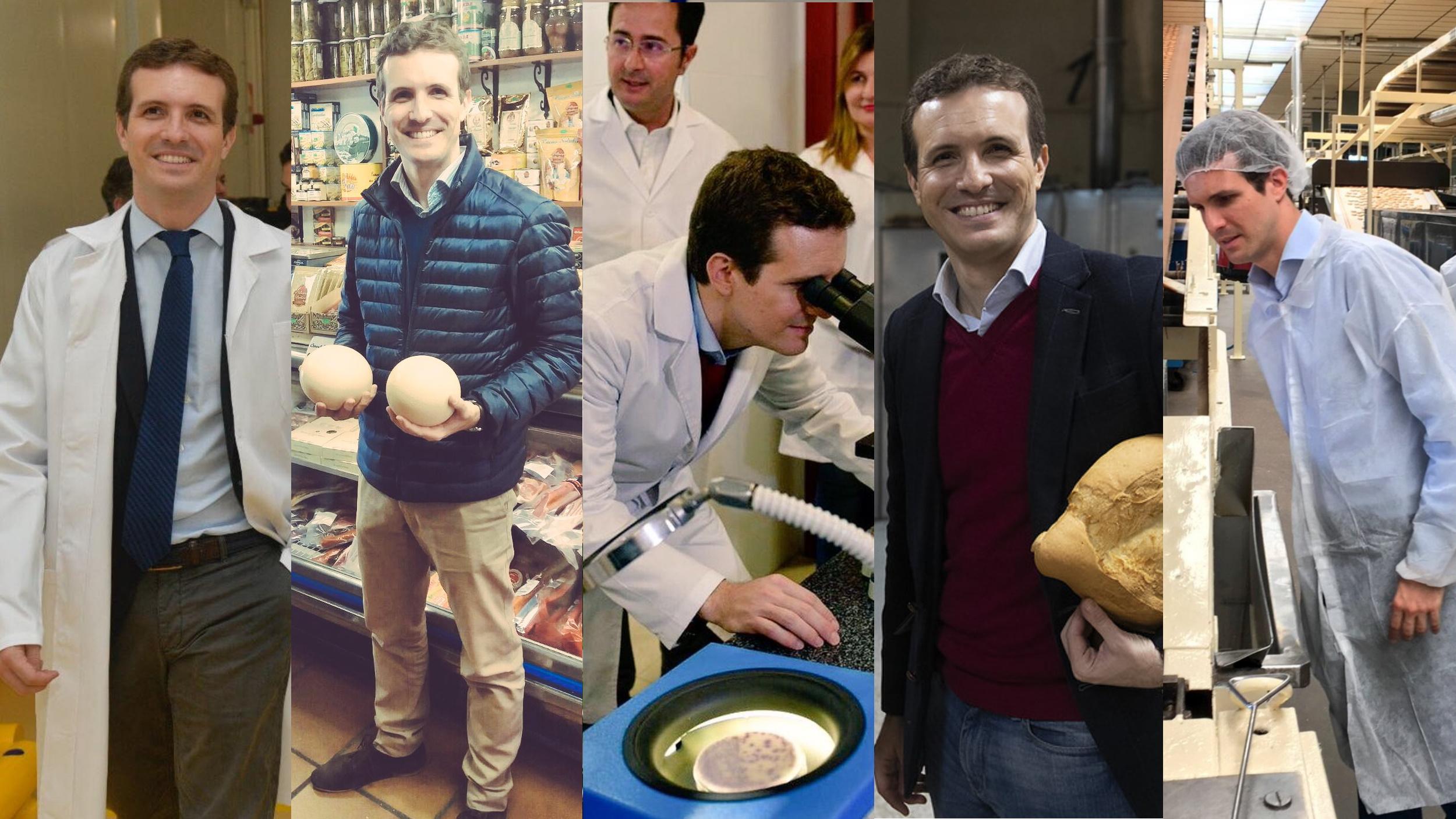 El presidente del Partido Popular, Pablo Casado, en algunas de sus visitas con uniformes y disfraces.