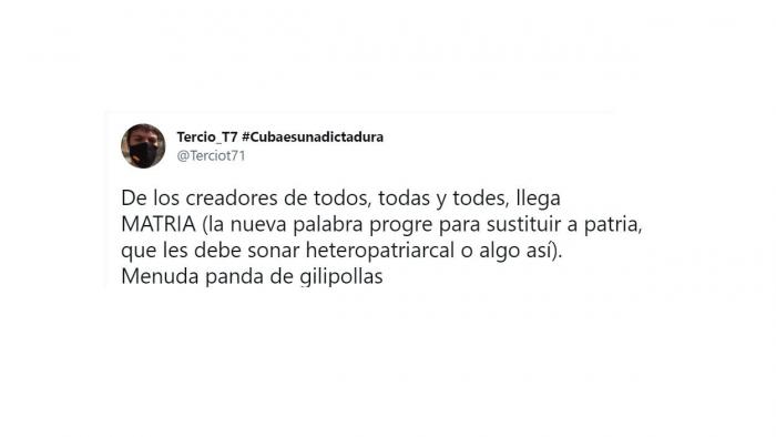 Mensaje de un tuitero, en referencia a la expresión 'matria' de Díaz. Twitter