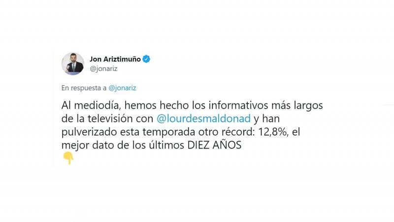 'Tuit' de Jon Ariztimuño sobre el récord de los informativos de Telemadrid. Twitter