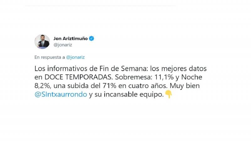 Mensaje de Ariztimuño sobre los informativos de Telemadrid. Twitter