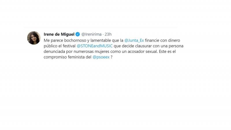 Tuit de Irene de Miguel (Podemos) afeando a la Junta que actuara Plácido Domingo. Twitter