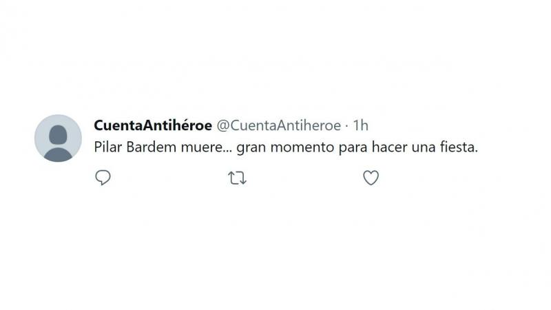 Un usuario celebra la muerte de Pilar Bardem. Twitter Un usuario celebra la muerte de Pilar Bardem. Twitter