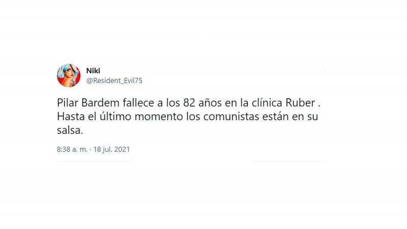 Crítica de un usuario tras la muerte de Pilar Bardem. Twitter Crítica de un usuario tras la muerte de Pilar Bardem. Twitter