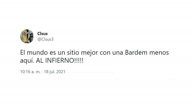 Un usuario se alegra de la muerte de Pilar Bardem. Twitter Un usuario se alegra de la muerte de Pilar Bardem. Twitter