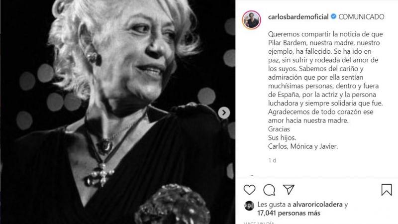 Carlos Bardem comunica el fallecimiento de su madre   Instagram