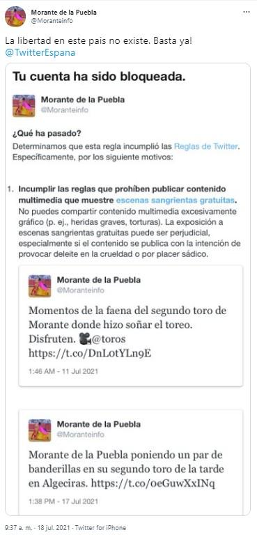Morante de la Puebla enfadado con la red social   Twitter
