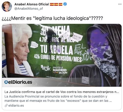 Tuit de Anabel Alonso sobre el cartel de Vox Tuit de Anabel Alonso sobre el cartel de Vox