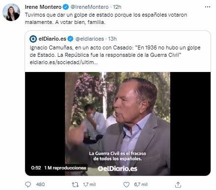 Tuit de Irene Montero replicando las palabras de Ignacio Camuñas ante Pablo Casado en un acto