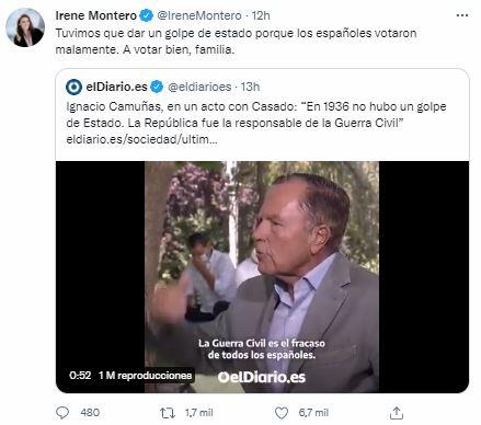 Tuit de Irene Montero replicando las palabras de Ignacio Camuñas ante Pablo Casado en un acto Tuit de Irene Montero replicando las palabras de Ignacio Camuñas ante Pablo Casado en un acto