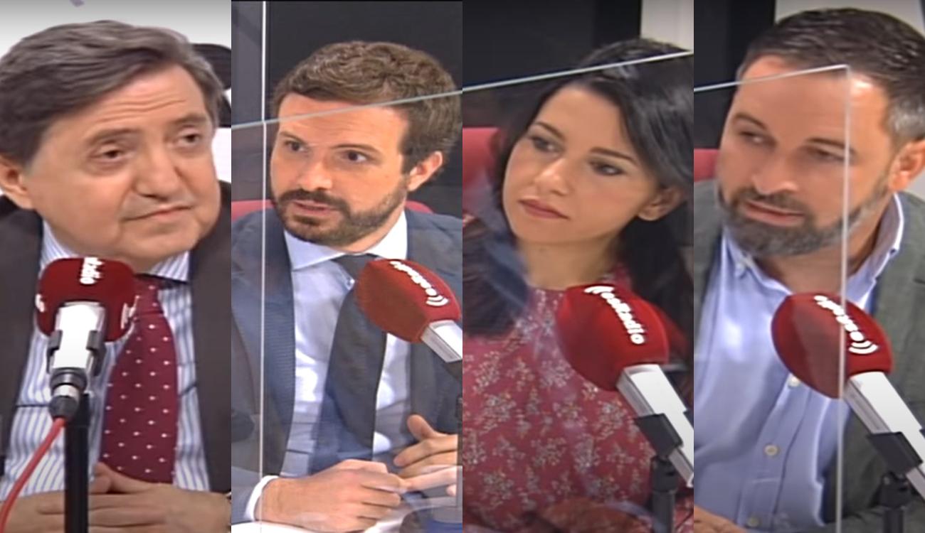 Casado, Arrimadas y Abascal en el programa de Losantos. Elaboración propia