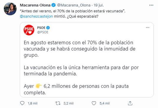 Tuit de Macarena Olona en el que ataca a Sánchez, pero se retrata a sí misma