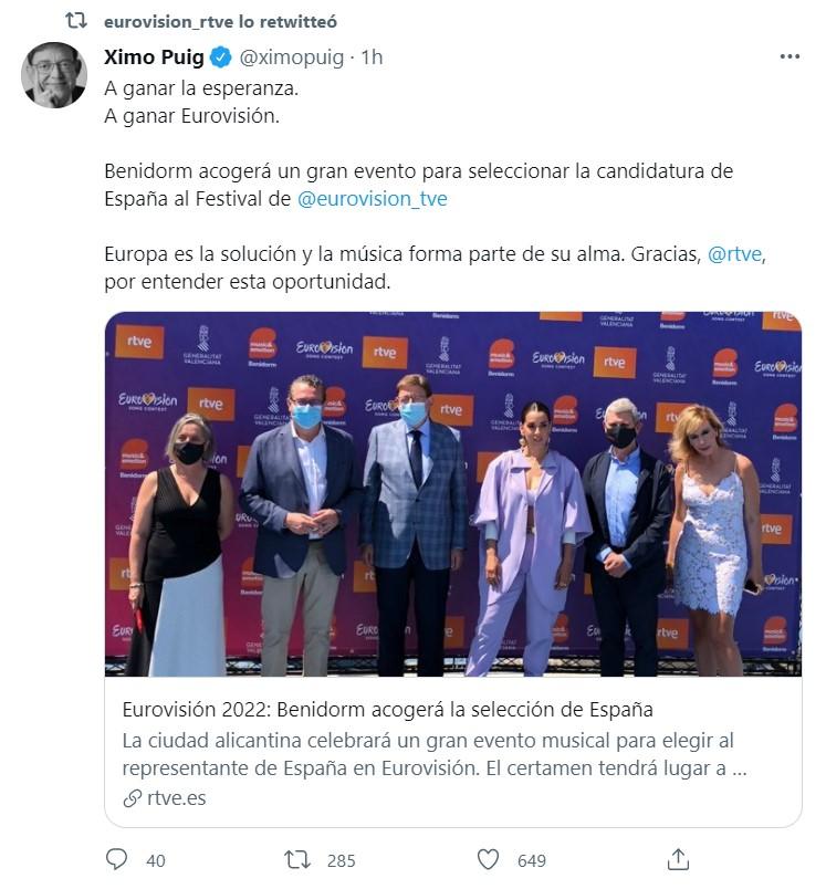 Ximo Puig sobre la preselección de Eurovision en Benidorm   Twitter