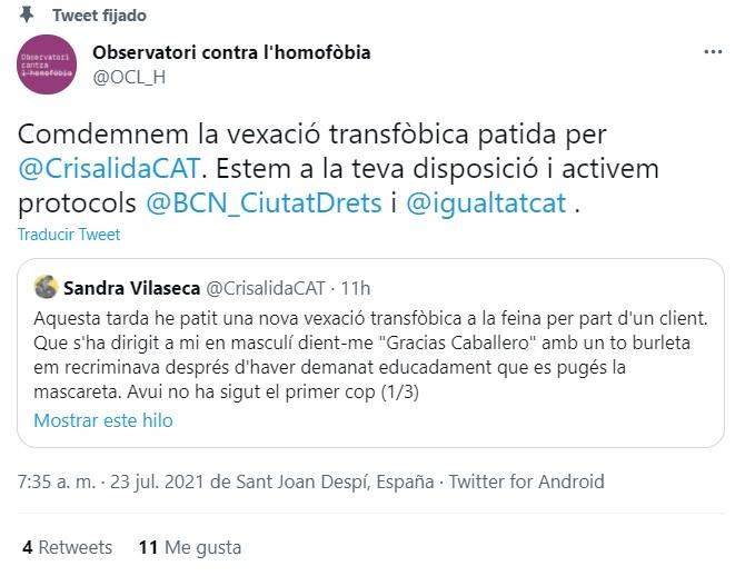 El Observatori Contra l'Homofòbiaya ha condenado la agresión Twitter El Observatori Contra l'Homofòbiaya ha condenado la agresión Twitter