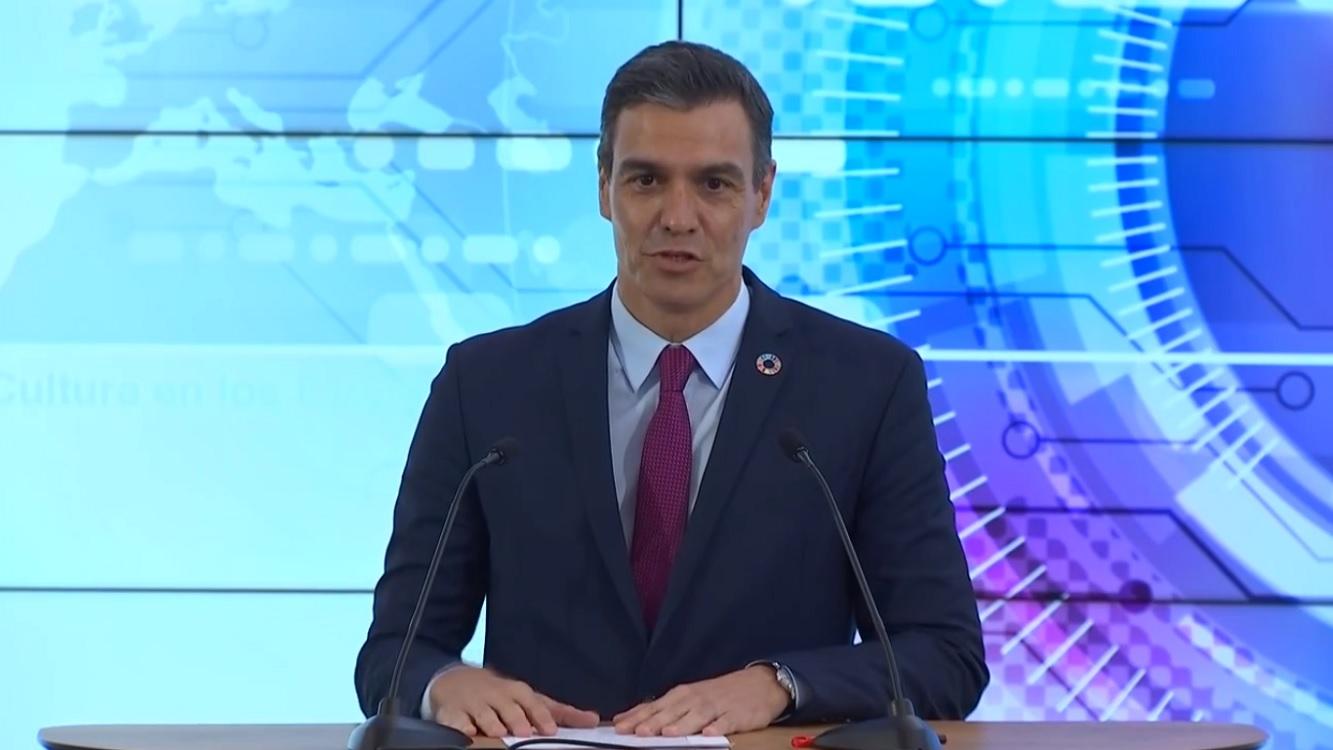 El presidente del Gobierno, Pedro Sánchez, durante la rueda de prensa de balance de la gira de EEUU que ha ofrecido en la sede de HP en Silicon Valley. Fuente: Moncloa.