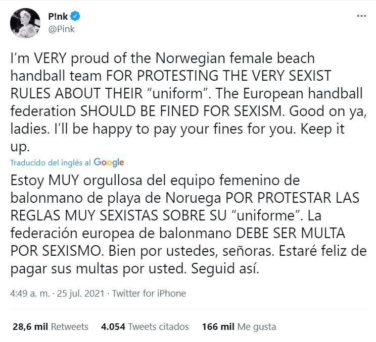 Pink apoya a las jugadoras noruegas   Twitter
