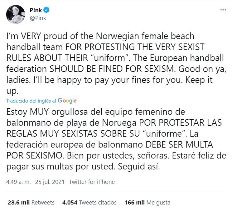 Pink apoya a las jugadoras noruegas Twitter Pink apoya a las jugadoras noruegas Twitter