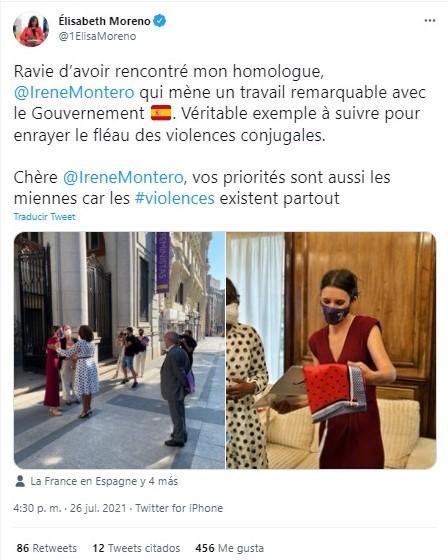 La ministra de Género francesa sobre su encuentro con Irene Montero. Twitter.