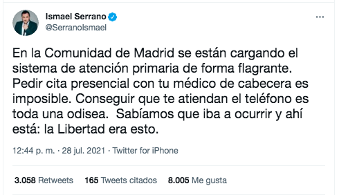 Ismael Serrano, sobre la atención primaria madrileña