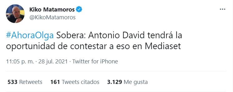 Kiko Matamoros sobre un posible especial de Antonio David Twitter Kiko Matamoros sobre un posible especial de Antonio David Twitter