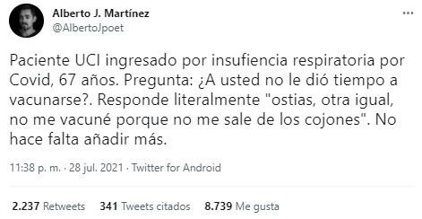 un enfermero de uci cuenta una experiencia de un hombre no vacunado en twitter