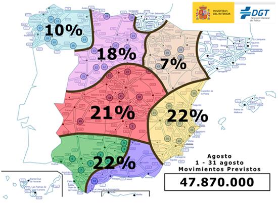 Mapa de la Operación Salida con las regiones con más desplazamientos en el total del mes de agosto