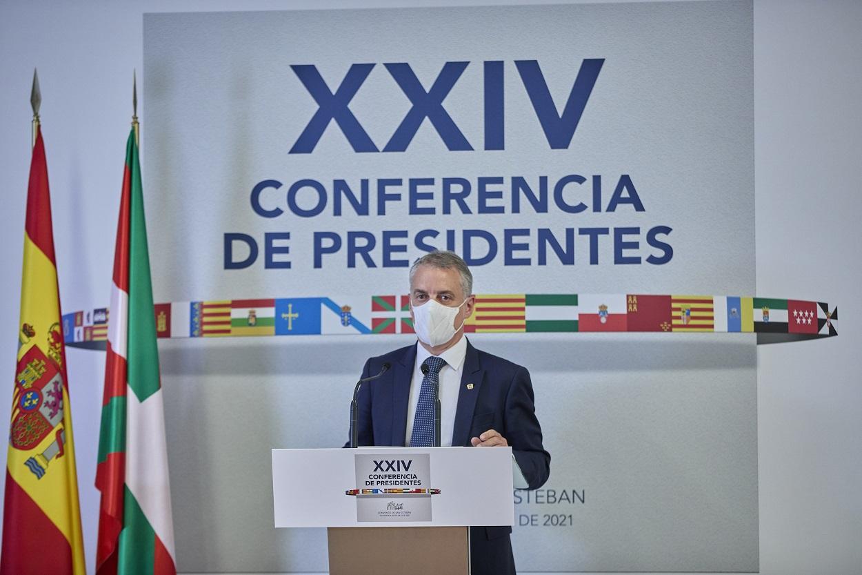 El Lehendakari, Iñigo Urkullu, ofrece una rueda de prensa en el Aulario del Convento de San Esteban posterior a la celebración de la XXIV Conferencia de Presidentes. Jesús Hellín