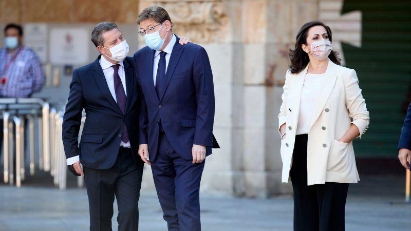 El presidente de Castilla La Mancha, Emiliano García Page; el presidente de la Generalitat Valenciana, Ximo Puig, y la presidenta de la Rioja, Concha Andreu. EP.