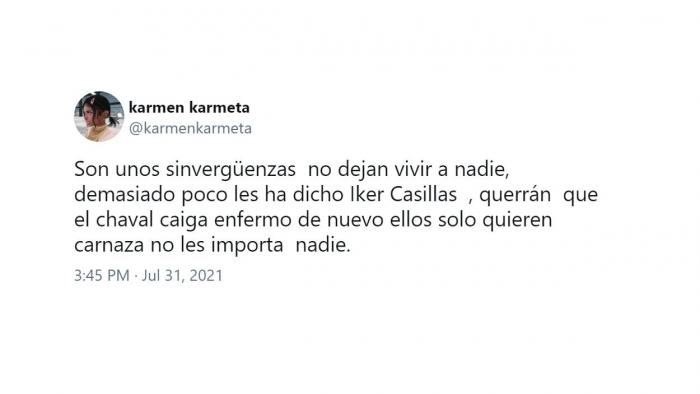 Mensaje de una usuaria de Twitter defendiendo a Casillas. Twitter