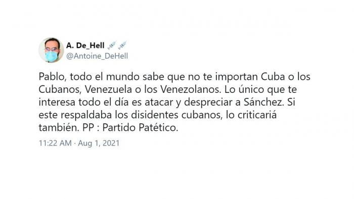 Mensaje de un 'tuitero' criticando el ataque de Casado a Sánchez por Cuba. Twitter