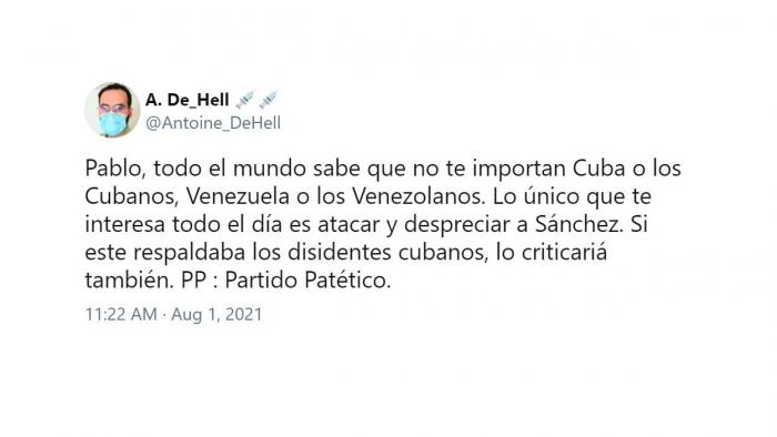 Mensaje de un 'tuitero' criticando el ataque de Casado a Sánchez por Cuba. Twitter Mensaje de un 'tuitero' criticando el ataque de Casado a Sánchez por Cuba. Twitter