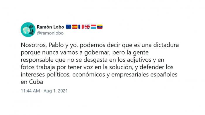 Mensaje de un usuario afeando la actitud de Casado con Sánchez por Cuba. Twitter