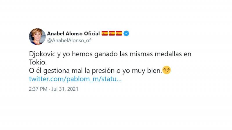 'Tuit' de la actriz Anabel Alonso sobre la reacción de Djokovic tras perder. Twitter 'Tuit' de la actriz Anabel Alonso sobre la reacción de Djokovic tras perder. Twitter