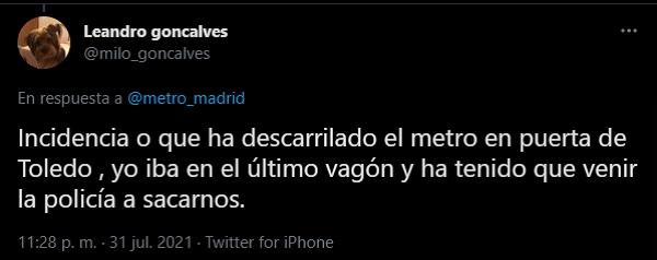 Un usuario critica a Metro de Madrid tras la interrupción del servicio en la línea 5 Un usuario critica a Metro de Madrid tras la interrupción del servicio en la línea 5