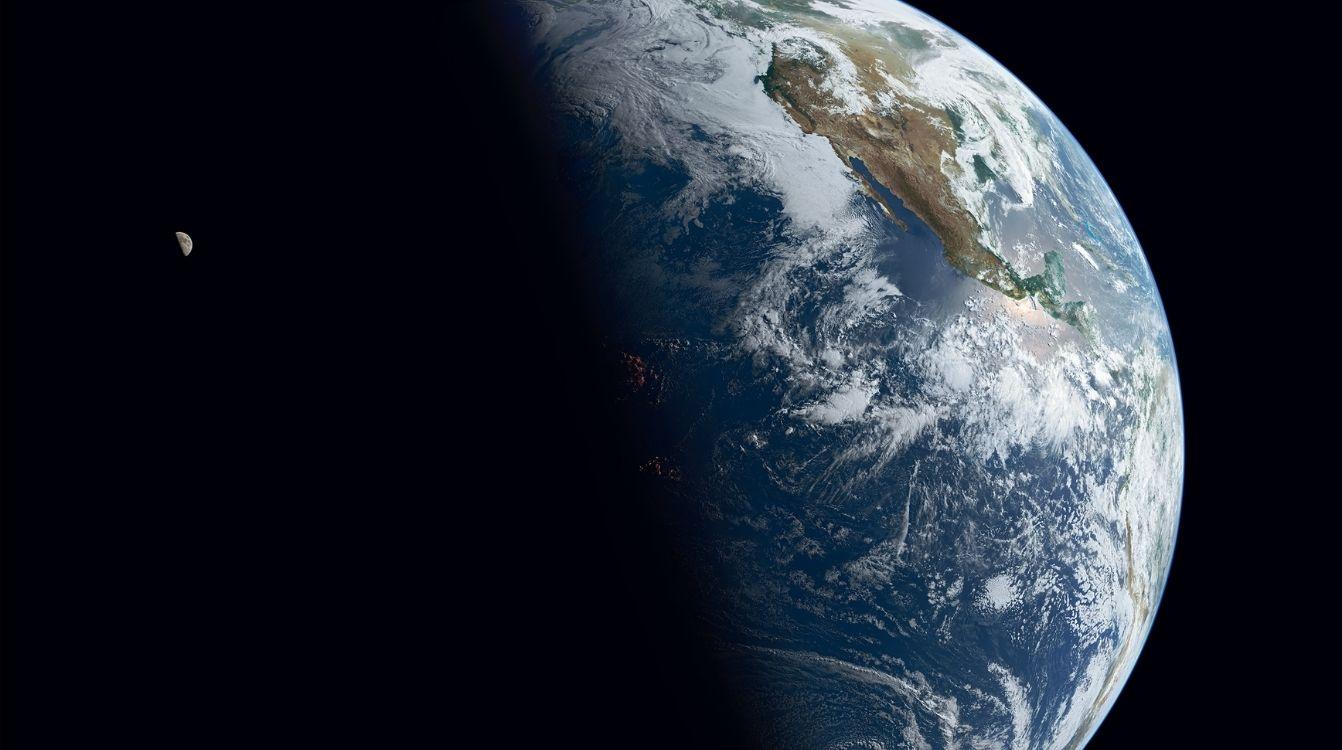 La Tierra y la Luna. Fotografía compuesta. GOES West, 25 de mayo de 2015. NOAA NASA GOES Project Michael Benson, Kinetikon Pictures