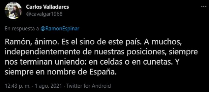 Tuit solidarizándose con Ramón Espinar Tuit solidarizándose con Ramón Espinar