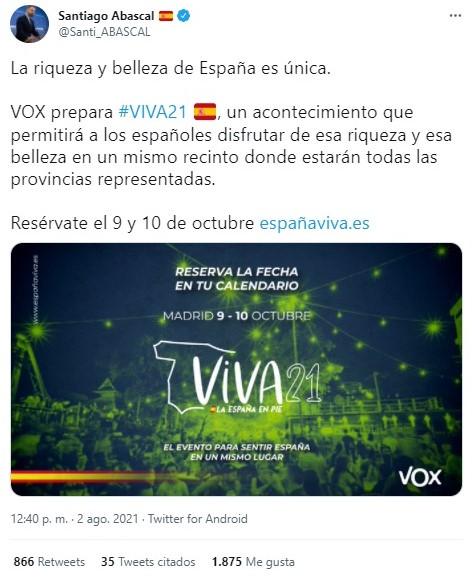 santiago abascal anuncia por redes Viva21