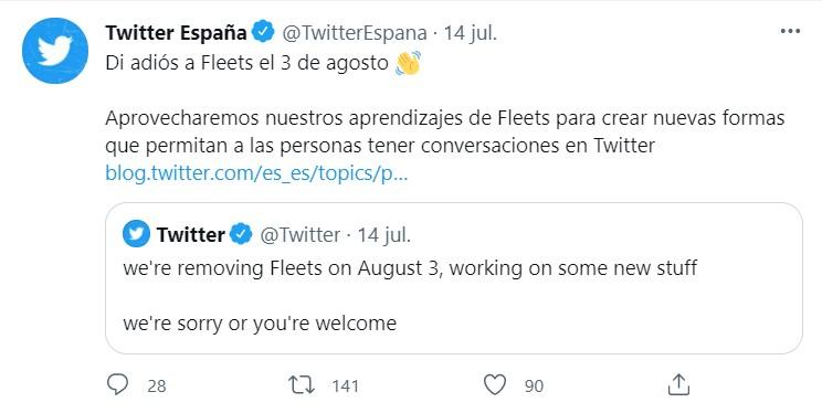 Tuits sobre la desaparición de los 'Fleets' de Twitter   Twitter 0