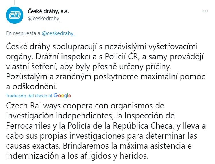 Ferrocariles Checos sobre el accidente   Twitter