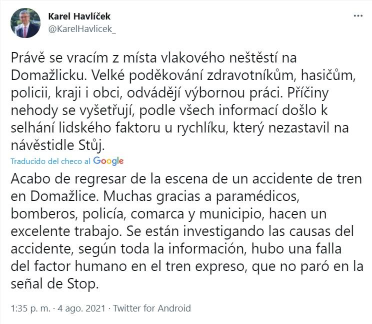 Karel Havlicek sobre el accidente   Twitter