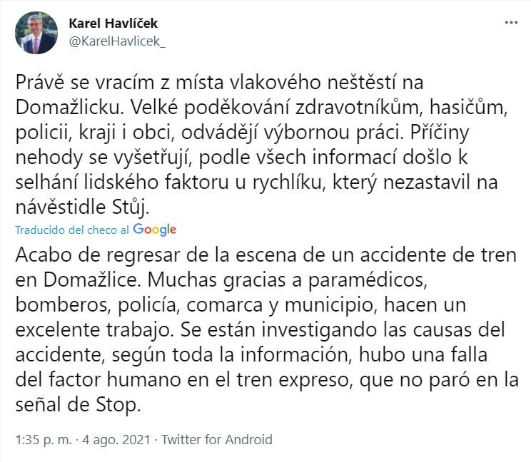 Karel Havlicek sobre el accidente Twitter Karel Havlicek sobre el accidente Twitter