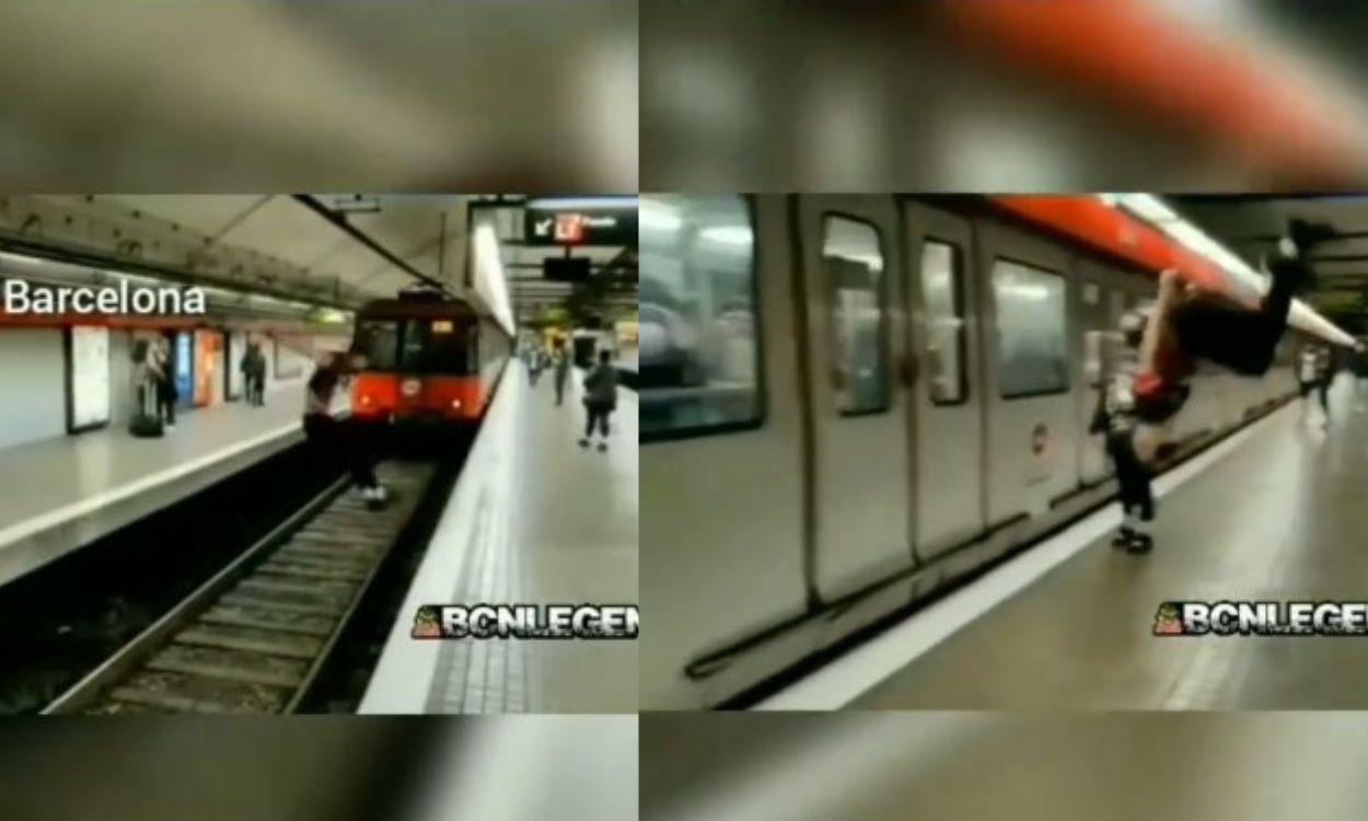 Imagen de la temeraria hazaña en el metro de Barcelona  - Twitter