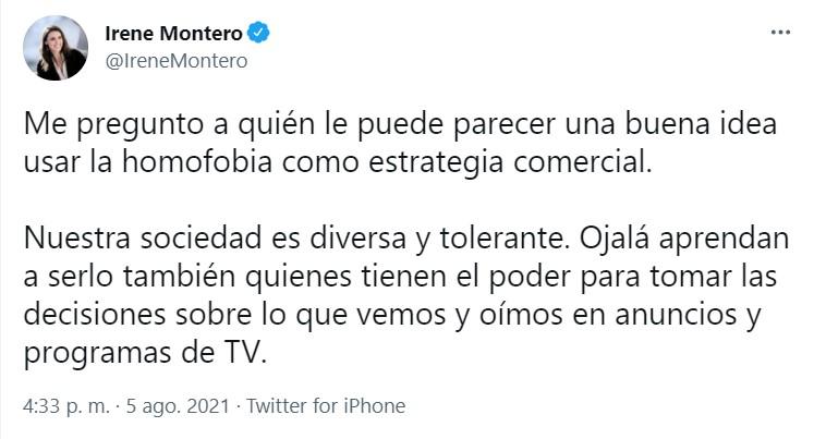Irene Montero sobre el anuncio de 'Snickers' -Twitter Irene Montero sobre el anuncio de 'Snickers' -Twitter